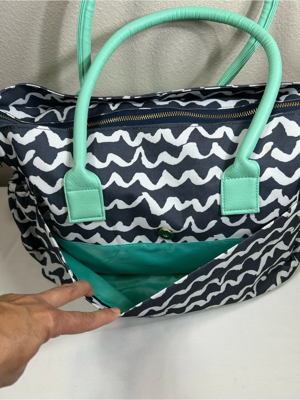 Teal Navy Wave Pattern Multi Pockets Complete Diaper Stroller Strap Tote Bag